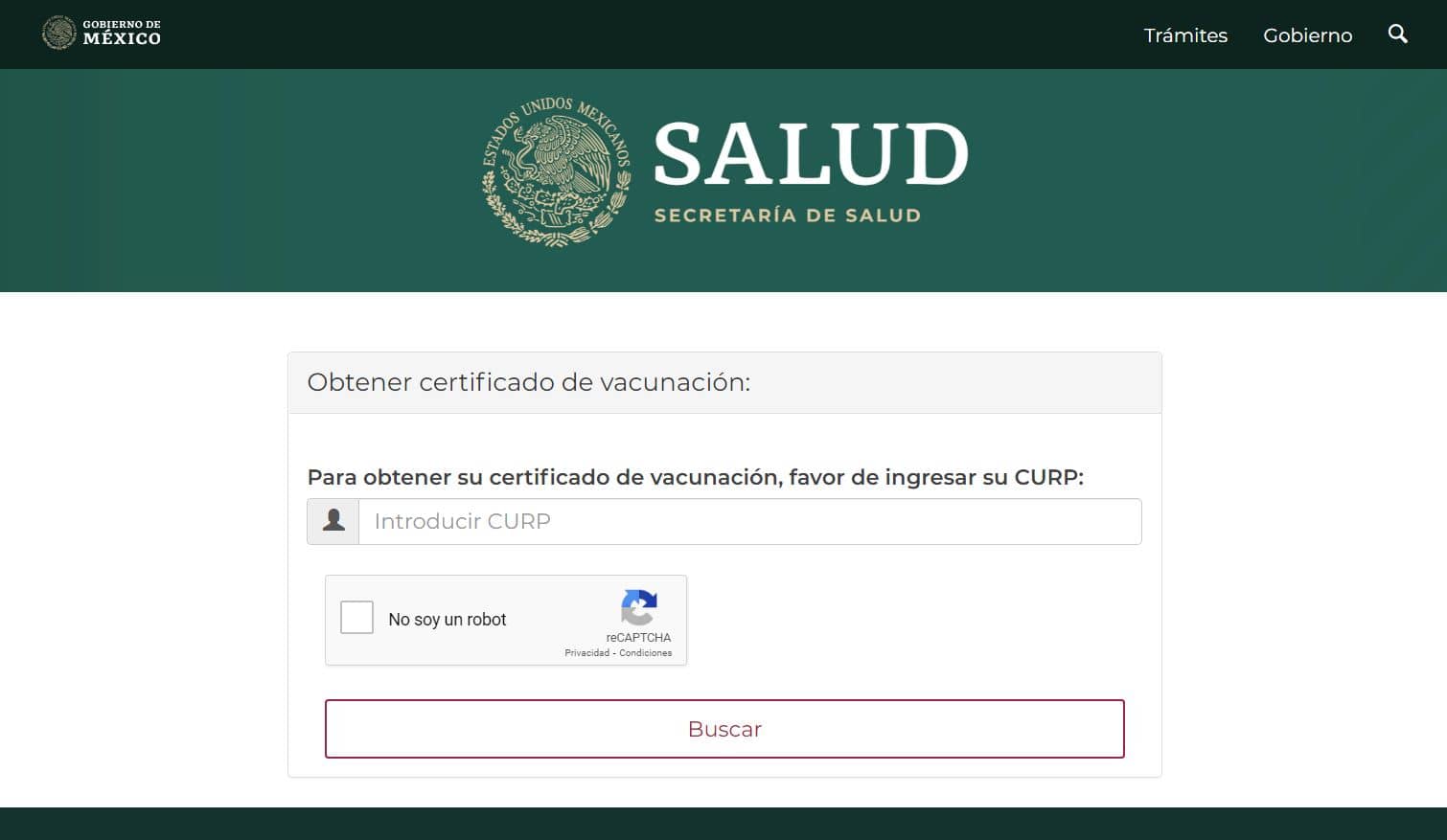 Página web para tramitar el certificado de vacunación COVID.