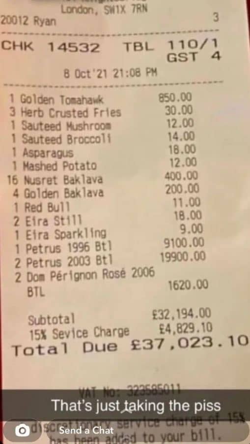 Cuenta de 1 millón de pesos en un restaurante.