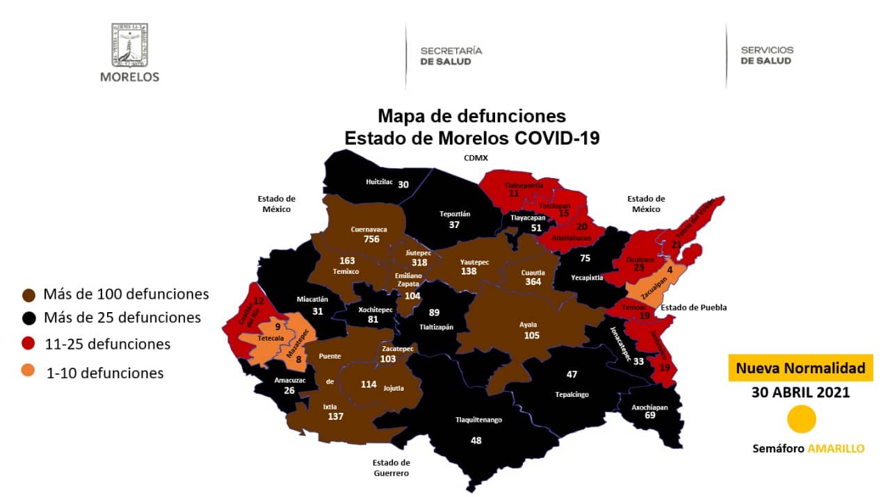Mapa de defunciones por COVID en Morelos