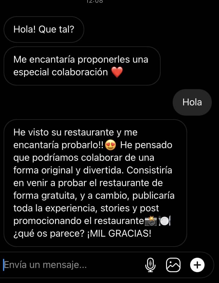 Comida a cambio de stories y post en redes sociales fue lo que propuso el influencer.