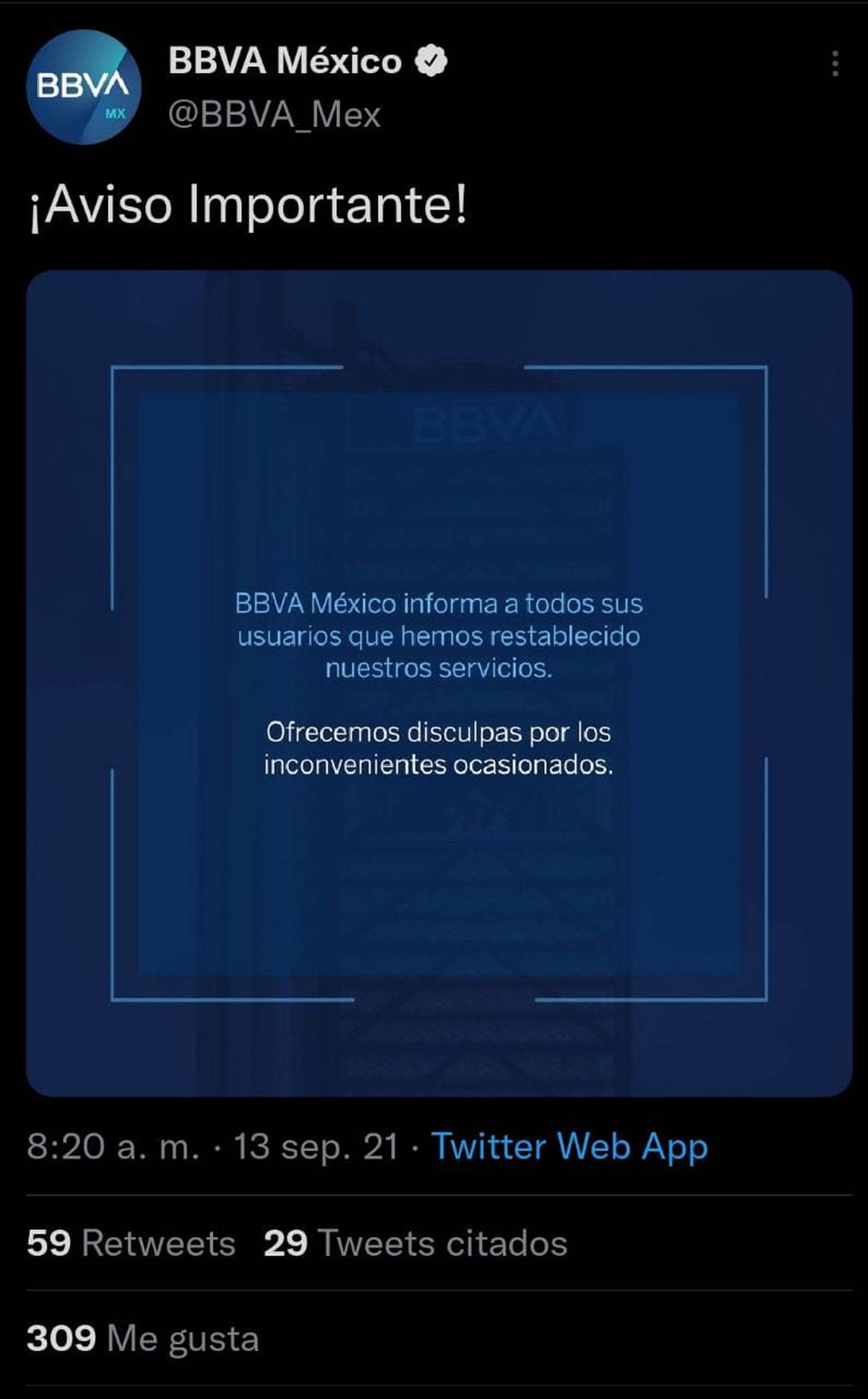 BBVA informó que su servicio quedó restablecido.