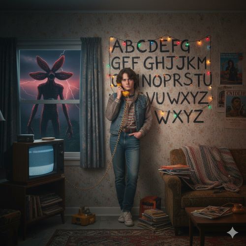 Ejemplo 2: Hablando por teléfono mientras el demogorgon acecha / Creado con Gemini Ejemplo 2: Hablando por teléfono mientras el demogorgon acecha / Creado con Gemini