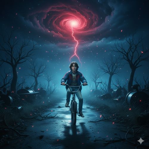 Ejemplo 3: En bicicleta en una noche de Hawkins/Creado con Gemini Ejemplo 3: En bicicleta en una noche de Hawkins/Creado con Gemini