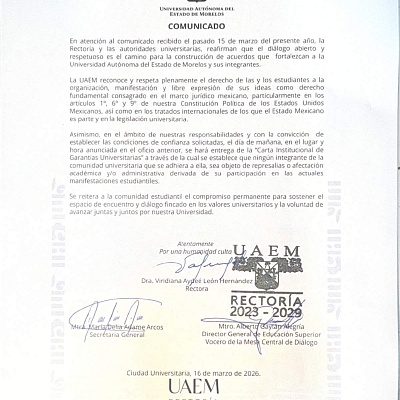 Entregará UAEM hoy carta de garantías a alumnos  