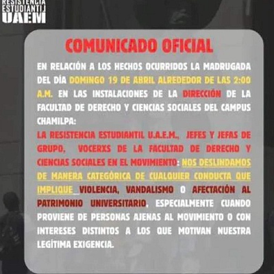 Se deslinda Resistencia UAEM de vandalismo en Facultad de Derecho