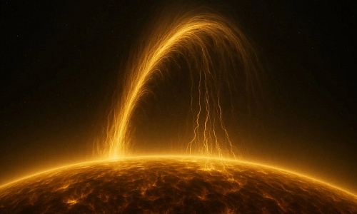 Imagen ilustrativa visión artística que recrea la lluvia de plasma observada en la corona solar, elaborada a partir de descripciones científicas del fenómeno.