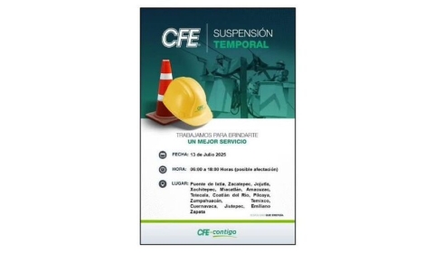 Trabajos de mantenimiento del 13 de julio en Morelos serán sin afectar o suspender el suministro: CFE