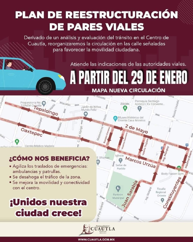 Habrá cambios de circulación en calles de Cuautla
