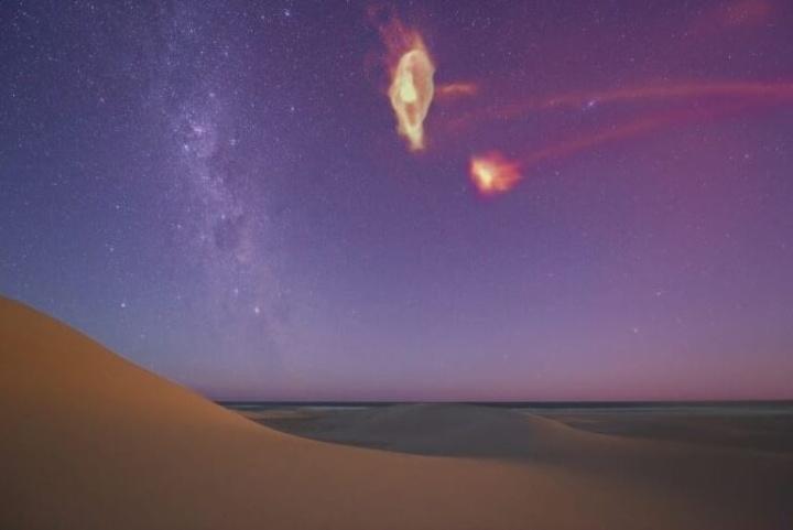 Una vista del gas en el Sistema de Magallanes tal como aparecería en el cielo nocturno.