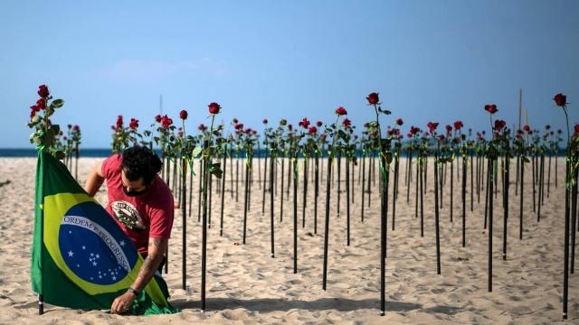 Realizan homenaje con rosas a victimas fallecidas por COVID en Brasil.