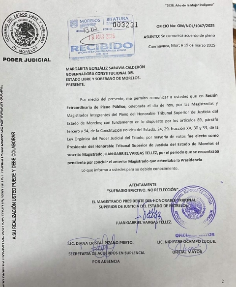 A través de un oficio, Juan Gabriel Vargas Téllez comunicó a la gobernadora Margarita González Saravia su designación como presidente del TSJ. 