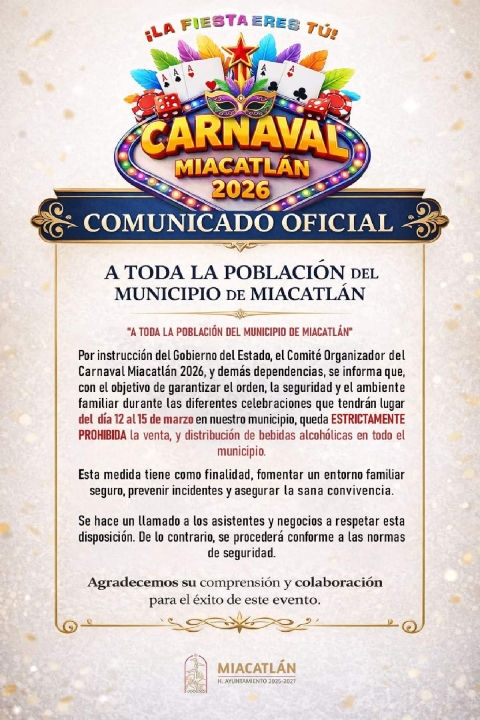 Prohibir&aacute;n venta de alcohol en carnaval de Miacatl&aacute;n