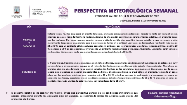 Frente frío 8 propiciará cielo despejado y bajas probabilidades de lluvia para Morelos