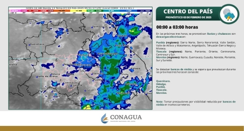 Se pronostican lluvias y chubascos en regiones de Morelos, de 00:00 a 03:00 horas: Conagua