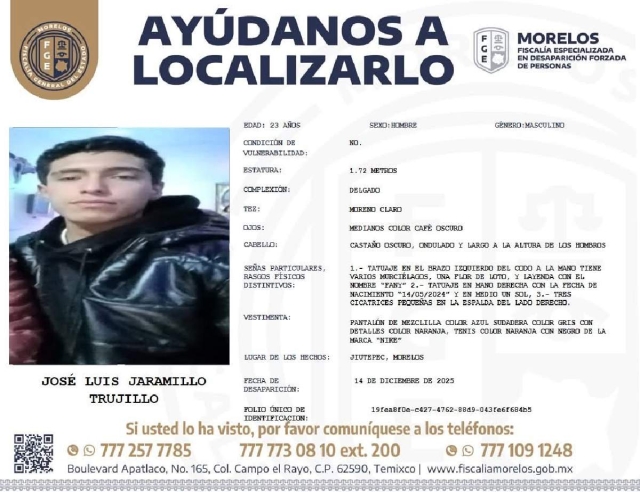 Un joven desapareci&oacute; en Jiutepec