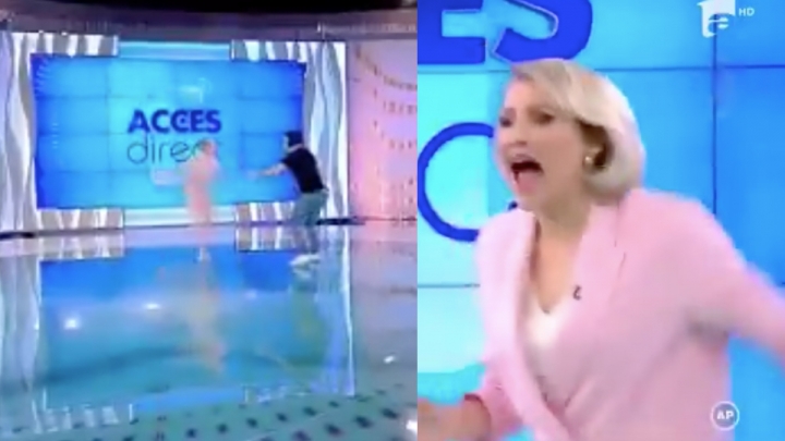 Mujer desnuda ataca a una presentadora de noticias.