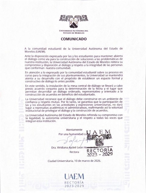 La UAEM, atenta a di&aacute;logo: rector&iacute;a