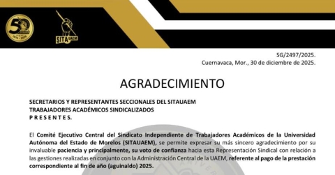Agradece SITAUAEM a autoridades gestiones que permitieron pago del aguinaldo 2025