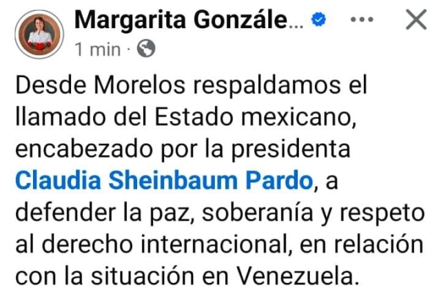 Respalda gobernadora de Morelos llamado del Estado mexicano en relaci&oacute;n con la situaci&oacute;n en Venezuela