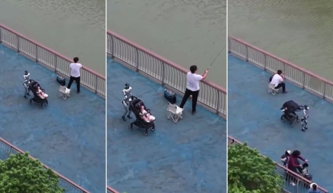 Indignación en redes: papá pesca mientras un robot cuida a su bebé