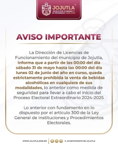   Municipios de la región sur confirmaron que un día antes de las elecciones entrará en vigor la “ley seca”.