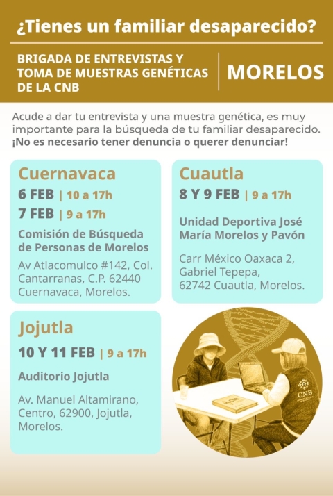 Realizar&aacute;n comisiones nacional y estatal de B&uacute;squeda jornadas de toma de muestras gen&eacute;ticas y entrega de resultados en Morelos