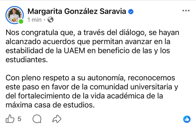Reconoce gobernadora avance en estabilidad de la UAEM, a trav&eacute;s del di&aacute;logo y en beneficio de estudiantes