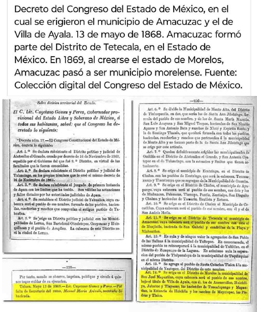 Decreto por el que Amacuzac es erigido como municipio.