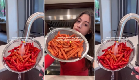 &#039;Mejor nadota&#039;: joven causa revuelo por enjuagar papas enchiladas para su pareja que no come chile