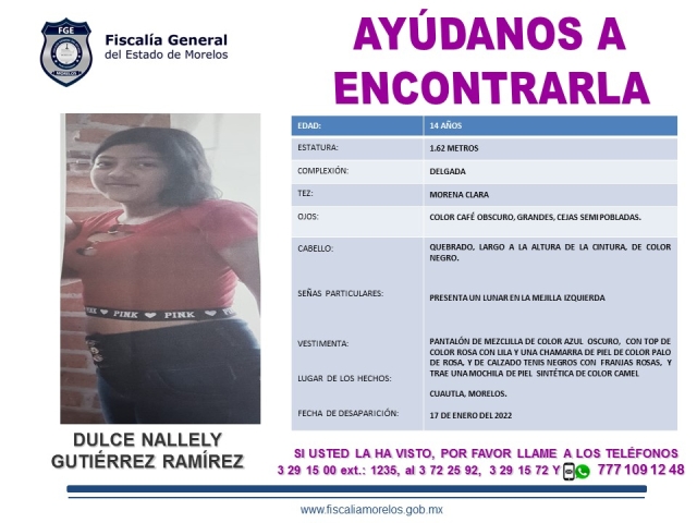 Buscan a una menor que desapareció en Cuautla