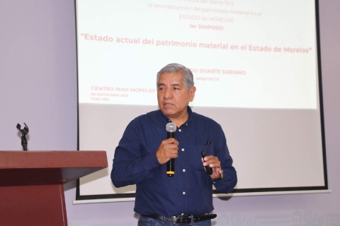 Fernando Duarte, responsable de Patrimonio Histórico del INAH Morelos, dio a conocer la información en el simposio “A 8 años del sismo 19-S”, en la UAEM. 