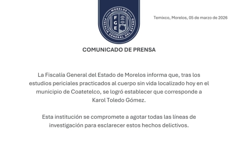 El cuerpo sin vida localizado hoy en Coatetelco corresponde a Karol Toledo G&oacute;mez: FGE Morelos