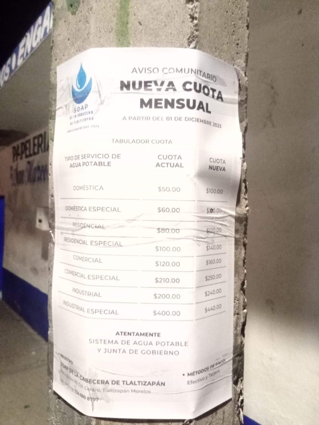 El organismo operador colocó anuncios en diferentes lugares, anticipando la decisión de incrementar el precio de la tarifa del agua a partir del próximo mes.