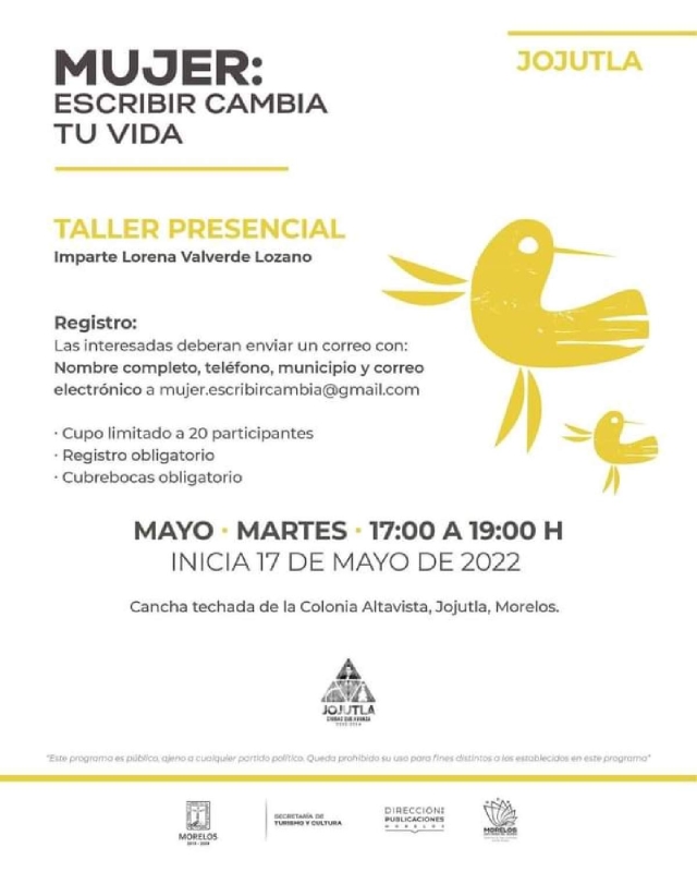 Convocan a participar en el taller “Mujer: escribir cambia tu vida” en Jojutla