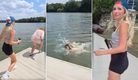 Influencer paga a mujer sin hogar para lanzarse a un lago y luego huye