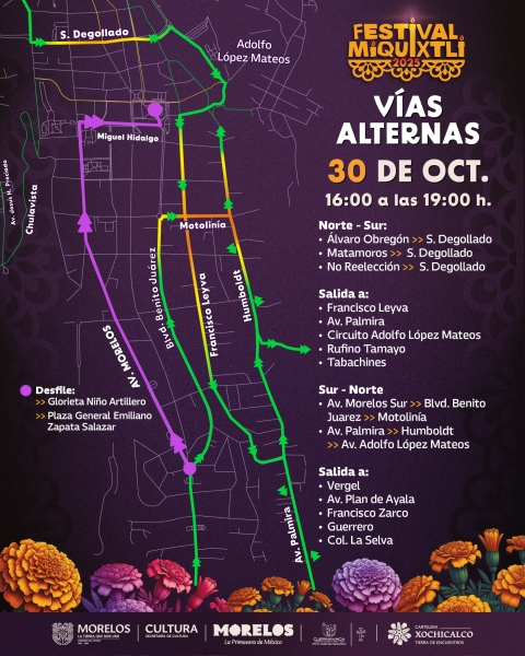 Se implementarán vías alternas durante desfile del Festival Miquixtli 2025 en Cuernavaca