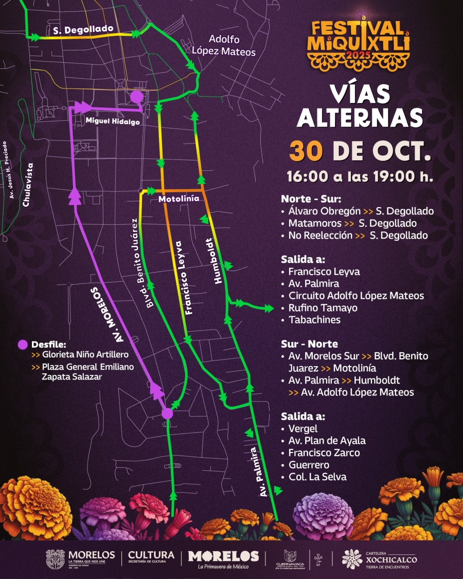 Se implementarán vías alternas durante desfile del Festival Miquixtli 2025 en Cuernavaca