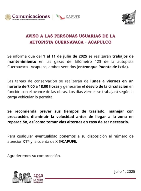 Realizarán obras en la autopista Cuernavaca–Acapulco