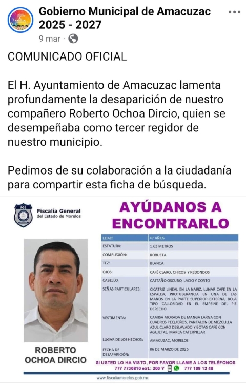 Se cumplen dos meses de la desaparición de regidor de Amacuzac