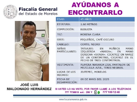 Como señas particulares tiene un tatuaje con el nombre de “María” en la muñeca de la mano izquierda, así como en la mano derecha la palabra “Sonia”, y una cicatriz en la nariz y otra en el pecho.