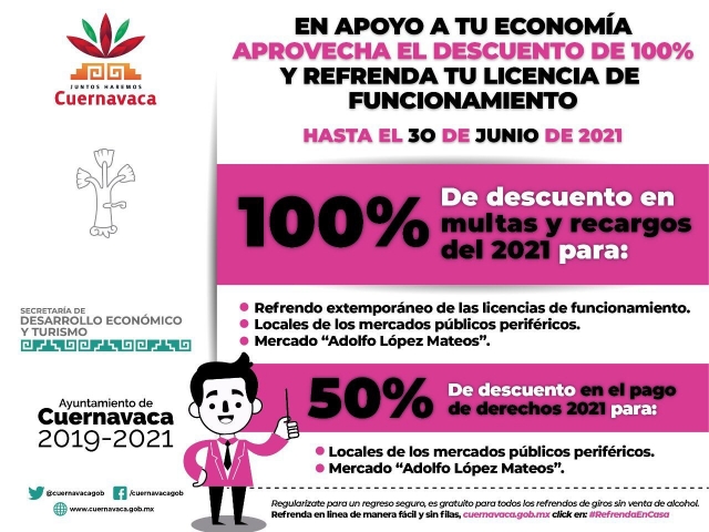 Descuento en refrendo de licencia de funcionamiento 2021, en Cuernavaca