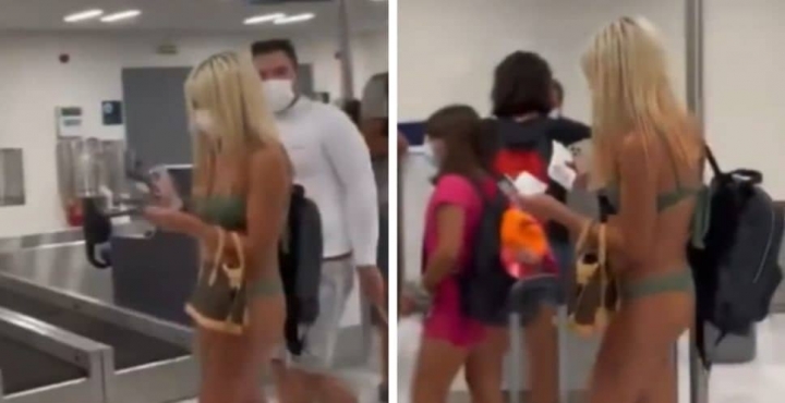 Mujer sorprende al llegar a un aeropuerto en bikini.