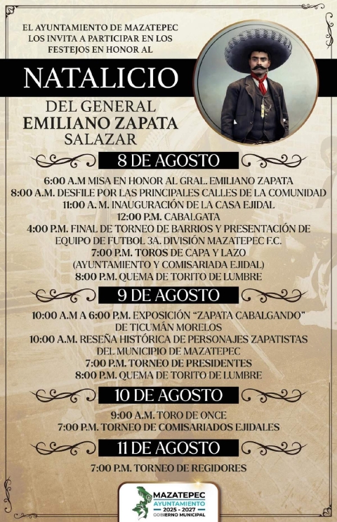 Conmemorará Mazatepec natalicio de Emiliano Zapata