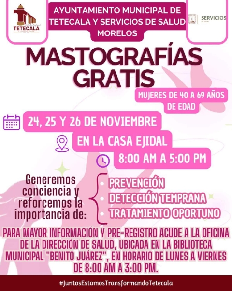 Campa&ntilde;a de mastograf&iacute;as llegar&aacute; a Mazatepec y Tetecala