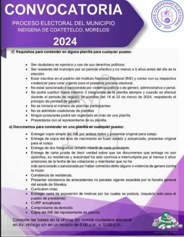 Emiten convocatoria para para participar en el proceso electoral en Coatetelco