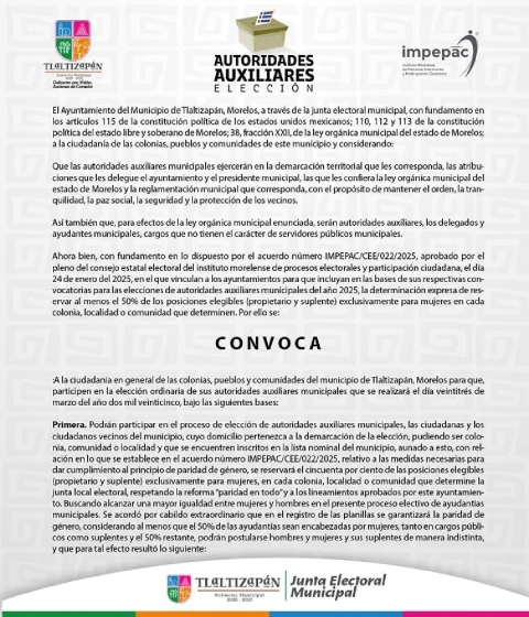 Tlaltizapán también lanzó ya su convocatoria para elegir autoridades auxiliares el próximo mes.