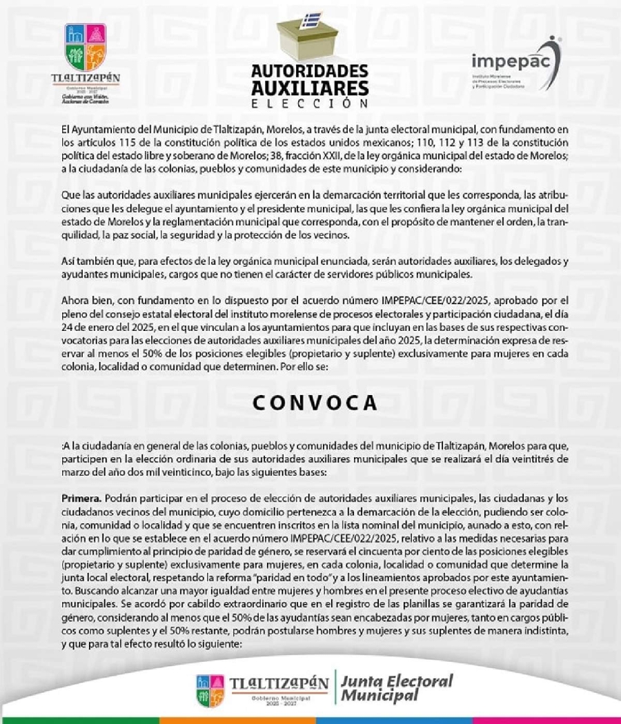 Tlaltizapán también lanzó ya su convocatoria para elegir autoridades auxiliares el próximo mes.