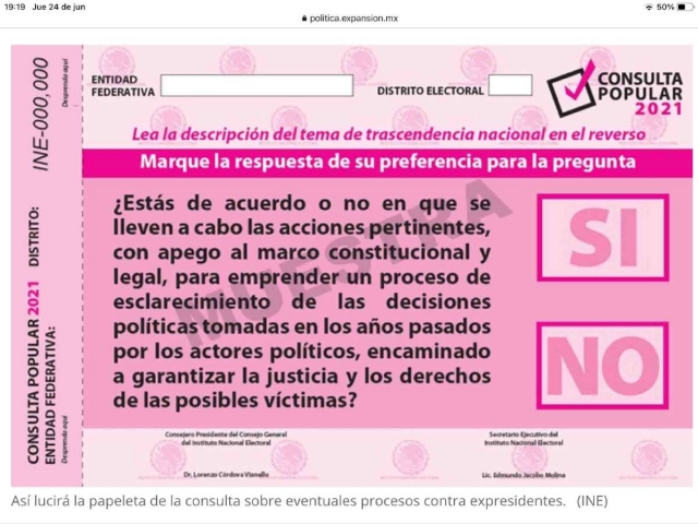 Esta es la pregunta que se hará en la próxima consulta popular para opinar sobre si se hace juicio o no a los ex presidentes de México.  