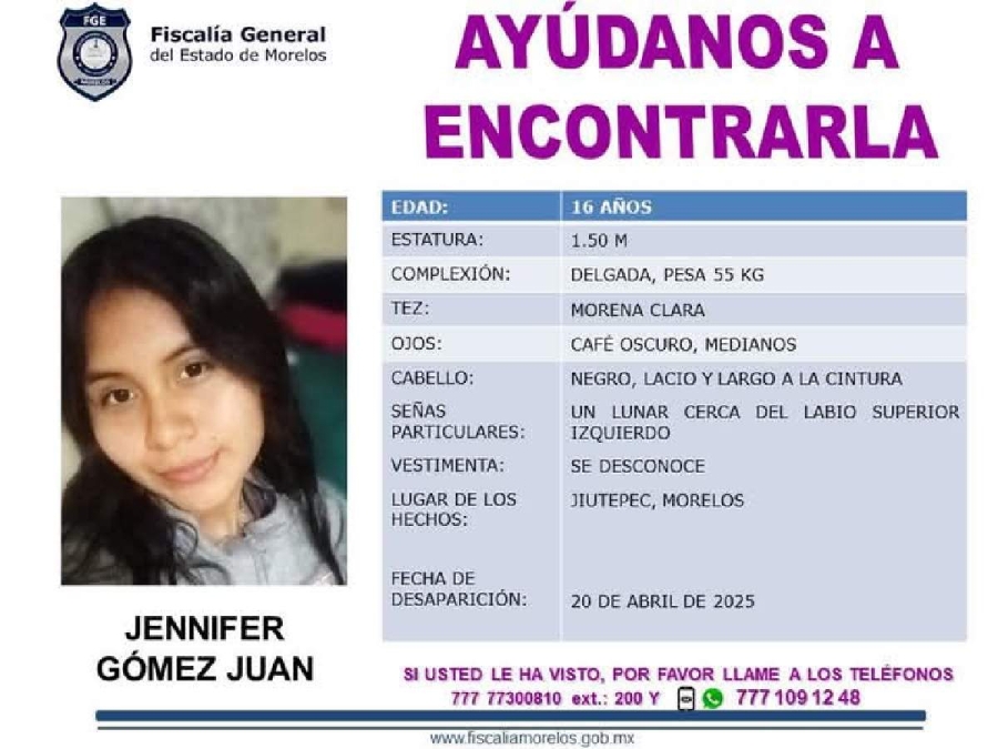 Buscan a adolescente desaparecida en Jiutepec