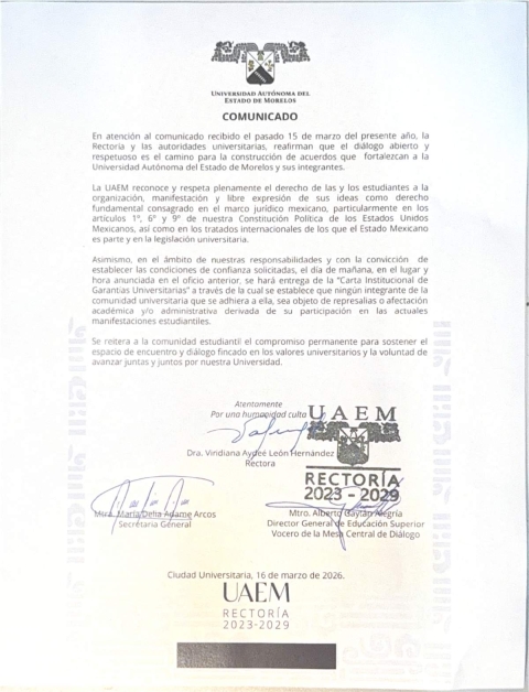 Entregar&aacute; UAEM hoy carta de garant&iacute;as a alumnos  